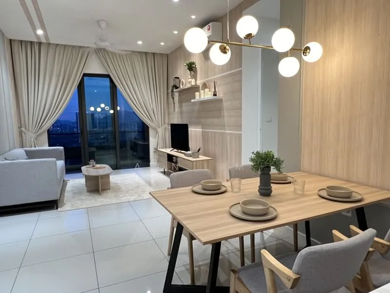 Dining features: wood dining table, 4 dining chairs, decorative plant on table, tableware including plates and glasses, pendant lighting with multiple globes, wooden wall paneling, white walls, large sliding glass door, floor-to-ceiling curtains, tile flooring, TV console with TV, sofa in living area; style: modern; view: city.