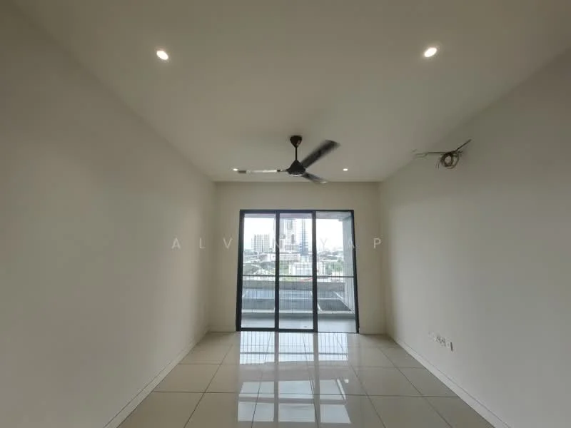 Living features: white painted walls, glossy tile flooring, 5-blade ceiling fan with light, floor-to-ceiling sliding glass door, balcony access, recessed downlights; style: modern; view: city.