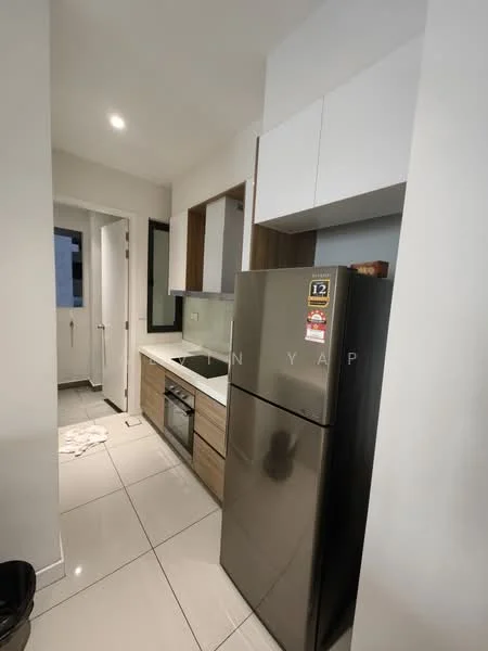Kitchen features: stainless-steel fridge, built-in oven, 4-burner gas hob, kitchen cabinetry with wood finish, white upper cabinets, grey lower cabinets, ceramic tile flooring, single-bowl stainless-steel sink, chrome pull-down faucet, window for natural light, countertop with clean lines, recessed downlights; style: modern.