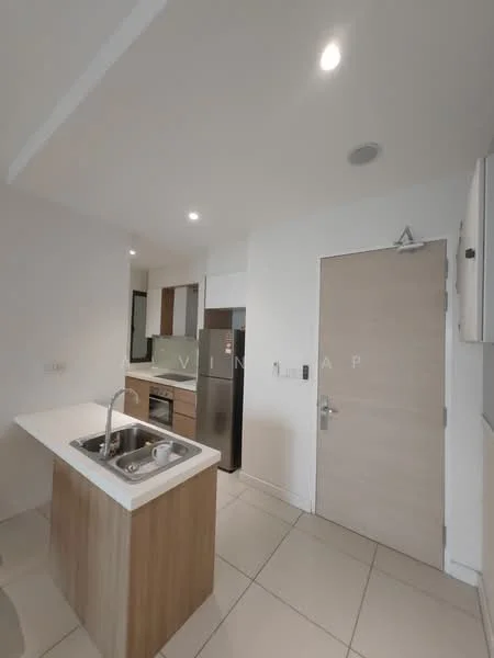 Kitchen features: single-bowl stainless-steel sink, chrome pull-down faucet, white quartz countertop, wood cabinetry, built-in oven, stainless-steel fridge, ceramic tile flooring, recessed downlights, white painted walls, open shelving, kitchen island; style: modern.