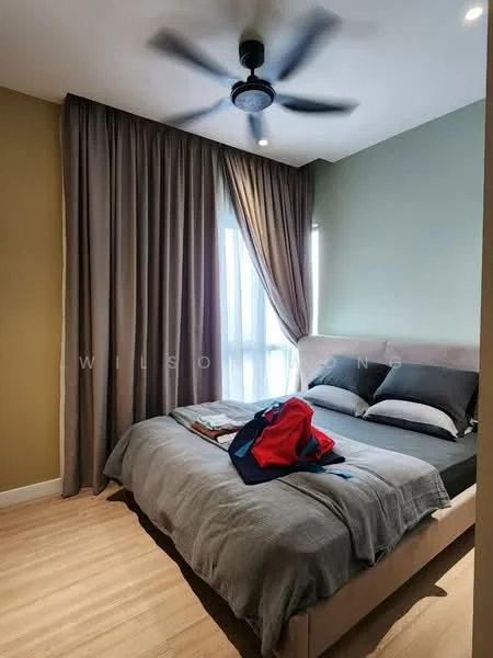 Bedroom features: queen-size bed with grey bedding, upholstered headboard, 2 bedside pillows, 5-blade ceiling fan with light, floor-to-ceiling window, sheer curtains, wooden flooring, decorative wall with green paint, accent wall with beige paint, wall-mounted light fixture; style: modern.