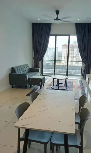 Living features: 3-seater fabric sofa in grey, coffee table, area rug with geometric pattern, floor-to-ceiling windows, curtains, ceiling fan, dining table with 6 chairs, light-colored tiled flooring, wall-mounted TV console, decorative wall art; style: modern; view: city.