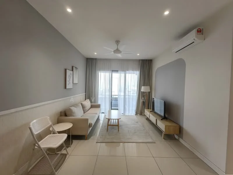 Living features: light grey painted walls, white ceiling, 5-blade ceiling fan with light, floor-to-ceiling windows with sheer curtains, light-colored sofa, wooden coffee table, TV console, wall-mounted TV, area rug, tile flooring, air conditioning unit; style: modern; view: city.