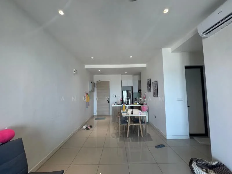 Living features: white painted walls, glossy ceramic tile flooring, recessed downlights, dining table with four chairs, kitchen area visible in background, air conditioning unit on wall, open layout, floor-to-ceiling windows, decorative wall art, scattered personal items on floor; style: modern.