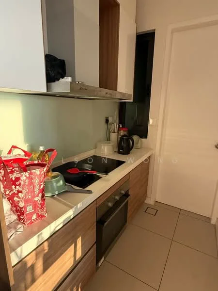 Kitchen features: white cabinetry, wooden cabinetry, stainless-steel built-in oven, stainless-steel cooktop, stainless-steel range hood, white countertop, green backsplash, kettle, black microwave, sink, kitchen utensils, red shopping bag, ceramic cookware, tile flooring; style: modern.
