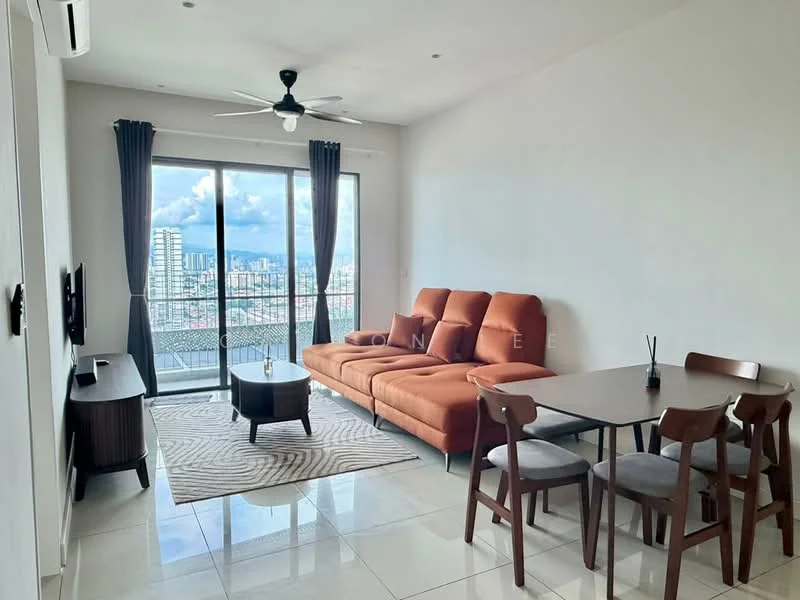 Living features: orange fabric sectional sofa, coffee table, TV console, wall-mounted TV, area rug with geometric pattern, floor-to-ceiling windows, sliding glass door, curtains, ceiling fan with light, dining table with four chairs, white painted walls, glossy tile flooring; style: modern; view: city.