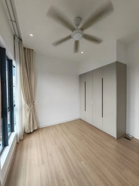 Bedroom features: light wood flooring, white painted walls, 5-blade ceiling fan with light, floor-to-ceiling windows, sheer curtains, built-in wardrobe with sliding doors, recessed downlights; style: modern.