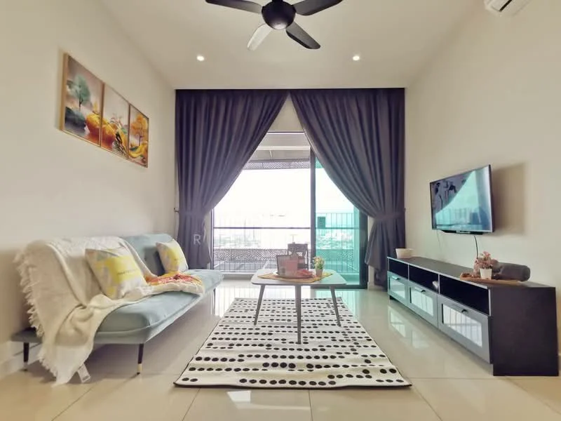 Living features: 3-seater fabric sofa in light blue, decorative throw blanket, coffee table with circular top, area rug with polka dot pattern, wall-mounted TV, TV console in dark wood, floor-to-ceiling windows, blackout curtains, ceiling fan with light, artwork with fruit theme on wall, light-colored walls, glossy tile flooring; style: modern; view: city.