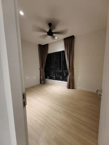 Room features: light wood flooring, white painted walls, ceiling fan with light, floor-to-ceiling windows, brown curtains, city view; style: modern; view: city.