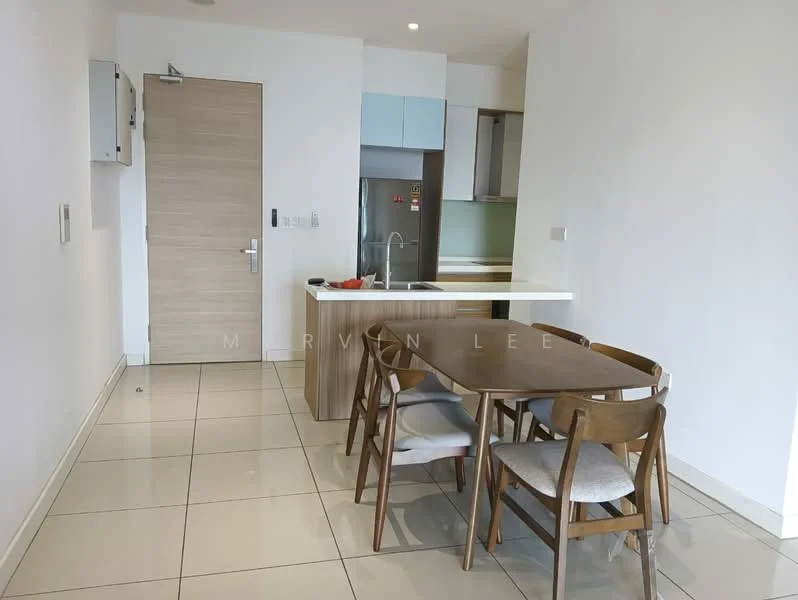 Dining features: rectangular dining table, 4 wooden dining chairs, light grey upholstered seat cushions, white walls, tile flooring, kitchen island with countertop, stainless-steel fridge, built-in kitchen cabinetry, wall-mounted kitchen cabinets, sink with faucet, open layout to kitchen; style: modern.