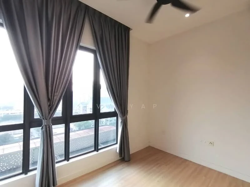Room features: floor-to-ceiling windows, blackout curtains, light wood flooring, ceiling fan, plain white walls; style: modern; view: city.