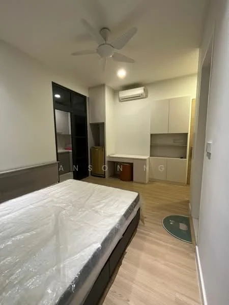 Bedroom features: queen-size bed with mattress protector, light wood flooring, white painted walls, ceiling fan, wall-mounted air conditioning unit, built-in wardrobe with sliding doors, desk area with cabinetry, window with black frame, area rug, light fixture; style: modern.