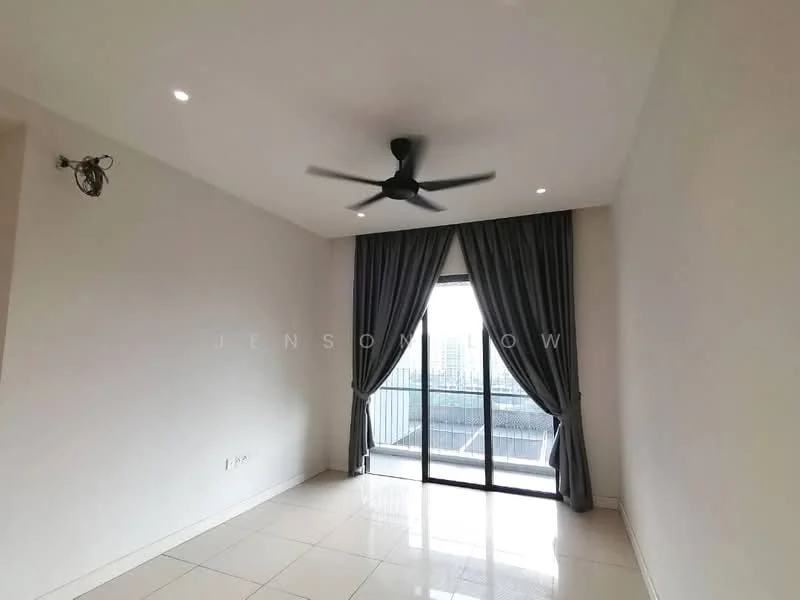 Room features: white painted walls, glossy tile flooring, 5-blade ceiling fan in black, floor-to-ceiling sliding glass door, sheer curtains in grey, balcony view, recessed downlights; style: modern; view: city.