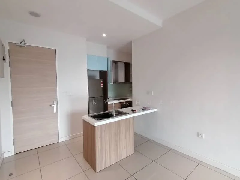 Kitchen features: kitchen island with countertop, stainless-steel sink, chrome pull-down faucet, built-in refrigerator, wood cabinetry, white tiled backsplash, ceramic tile flooring, recessed downlights, open layout, grey wall, white wall, window with natural light; style: modern.