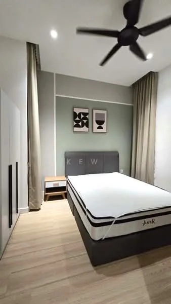 Bedroom features: queen-size bed, upholstered headboard, bedside table, floor-to-ceiling curtains, light wood flooring, ceiling fan, framed artwork on walls, built-in wardrobe with sliding doors; style: modern.