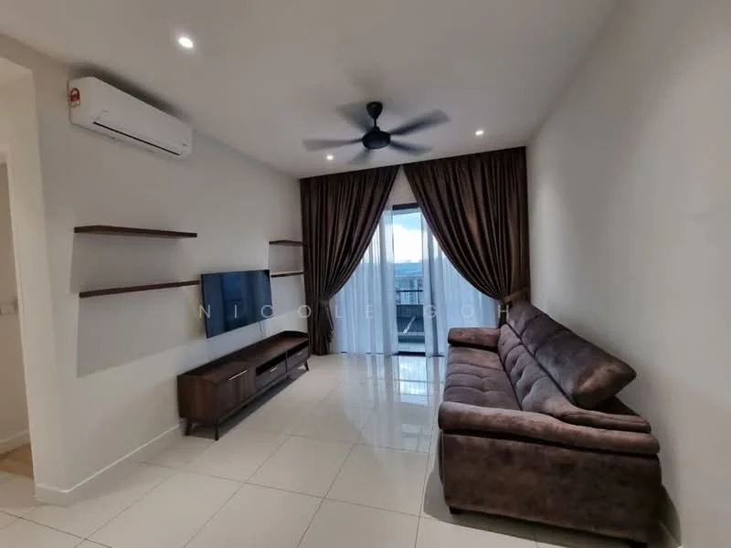 Living features: 3-seater fabric sofa in brown, wall-mounted TV, TV console with storage, floor-to-ceiling windows, sheer curtains, dark brown curtains, white painted walls, glossy tile flooring, 1 wall-mounted split AC, ceiling fan with light; style: modern; view: city.