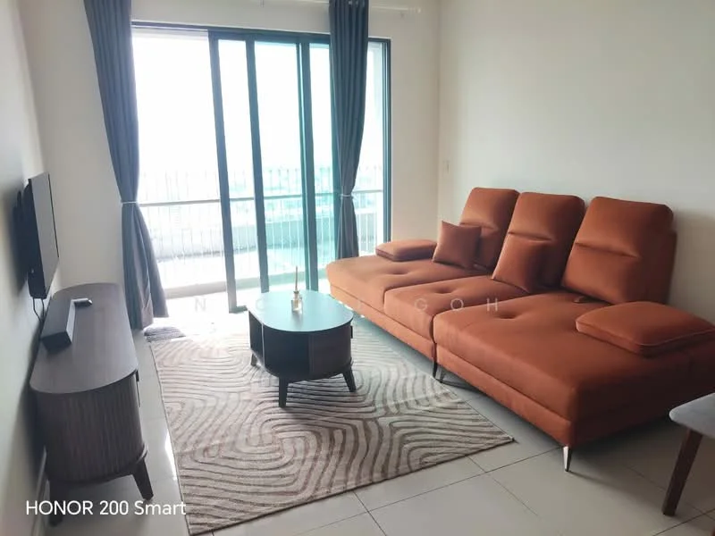 Living features: orange fabric sectional sofa, coffee table, TV console, wall-mounted TV, area rug with abstract pattern, floor-to-ceiling windows, curtains, light-colored walls, tile flooring; style: modern; view: city.