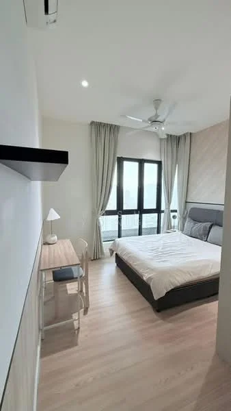 Bedroom features: queen-size bed, upholstered headboard, bedside lamps, study desk, chair, floor-to-ceiling windows, curtains, 5-blade ceiling fan, wooden flooring, wall-mounted shelf, decorative wall paneling, light fixture; style: modern; view: city.