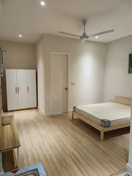 Bedroom features: wooden flooring, white painted walls, ceiling fan, single bed frame, built-in wardrobe with sliding doors, door to hallway, recessed lighting; style: modern.