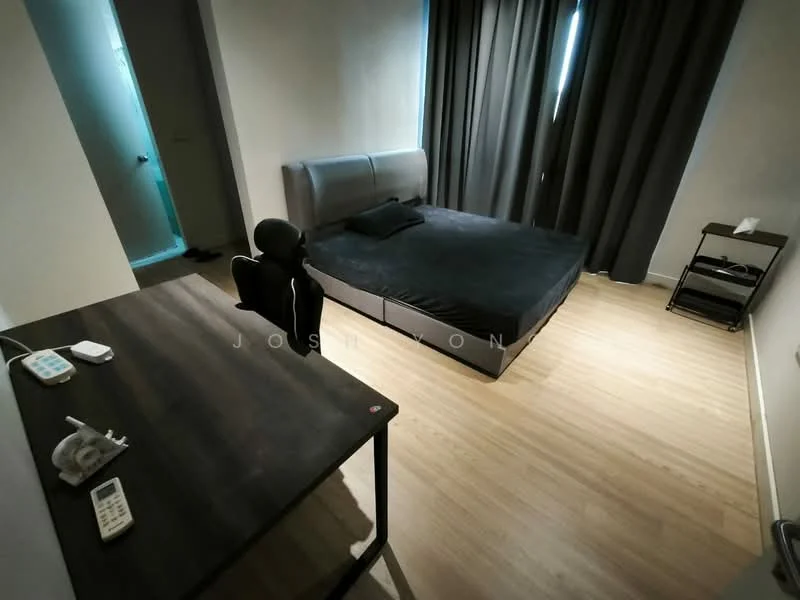 Bedroom features: king-size bed with black bedding, wooden flooring, floor-to-ceiling windows with sheer curtains, dark grey curtains, study desk with chair, nightstand, wall-mounted light, minimalist decor; style: modern.