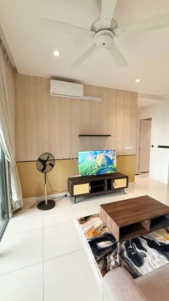 Living features: 3-blade ceiling fan, wall-mounted split AC, flat-screen TV on console, wooden TV console, coffee table, area rug with abstract pattern, beige fabric sofa, floor-to-ceiling windows, curtains, light-colored wall with wallpaper, cream tiled flooring; style: modern.