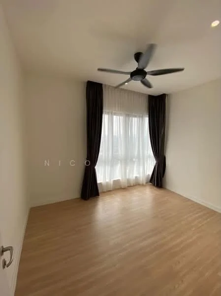Bedroom features: light wood flooring, white painted walls, 5-blade ceiling fan, floor-to-ceiling windows, sheer curtains, dark brown curtains, natural light, no visible furniture; style: modern.