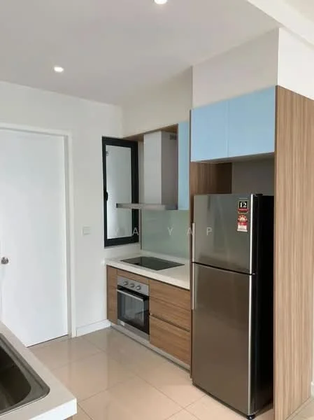 Kitchen features: stainless-steel fridge, built-in oven, 4-burner gas hob, stainless-steel range hood, laminate cabinetry in wood finish, blue upper cabinets, white countertop, single-bowl stainless-steel sink, tile flooring, recessed downlights; style: modern.