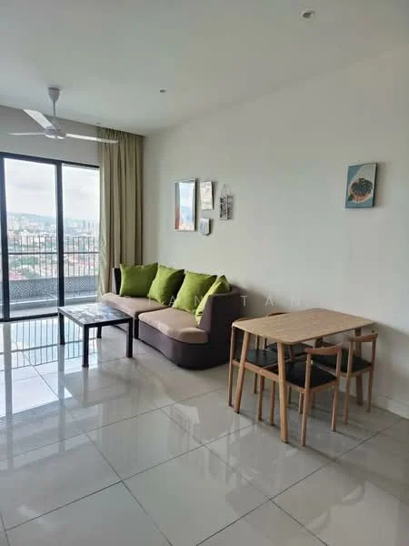 Living features: 3-seater fabric sofa in grey, 2 green accent cushions, wooden coffee table, wooden dining table for 4, 4 dining chairs, floor-to-ceiling windows, curtains, white painted walls, glossy ceramic tile flooring, ceiling fan, framed artwork on walls, decorative wall art; style: modern; view: city.