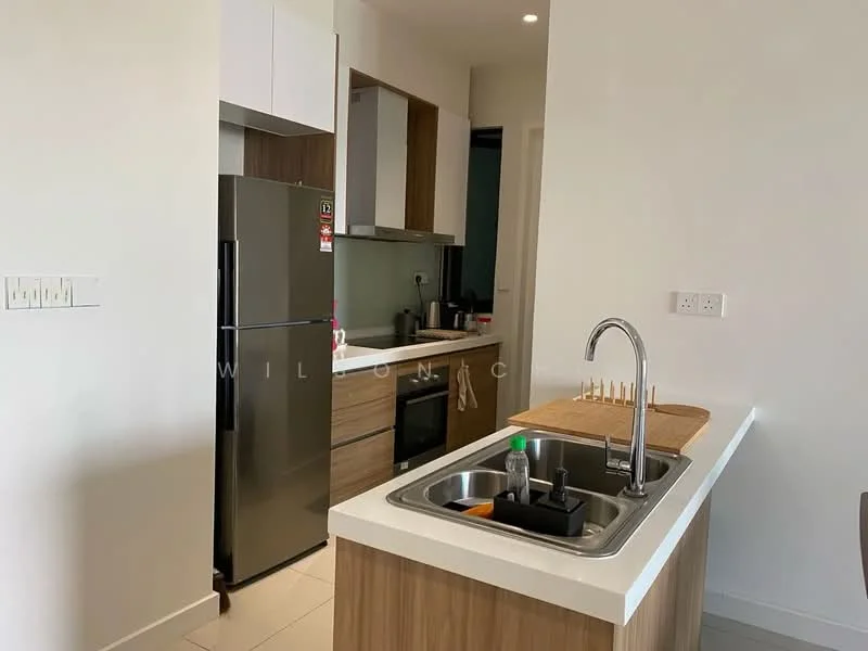 Kitchen features: stainless-steel double-bowl sink, chrome pull-down faucet, white quartz countertop, wood cabinetry with flat-panel design, black refrigerator, built-in oven, ceramic tile flooring, recessed downlights, kitchen island with seating, kitchen utensils holder, dish soap dispenser, cutting board; style: modern.