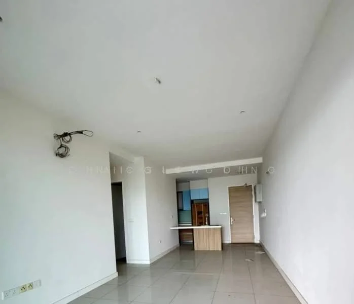 Room features: white painted walls, grey tiled flooring, recessed downlights, open kitchen layout, kitchen island, cable management on wall, door leading to another room, large windows for natural light; style: modern.