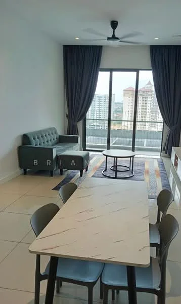 Living features: 3-seater fabric sofa in green, round coffee table, dining table with marble top, 6 dining chairs, floor-to-ceiling windows, grey curtains, area rug with geometric pattern, wall-mounted TV unit, tile flooring, ceiling fan; style: modern; view: city.