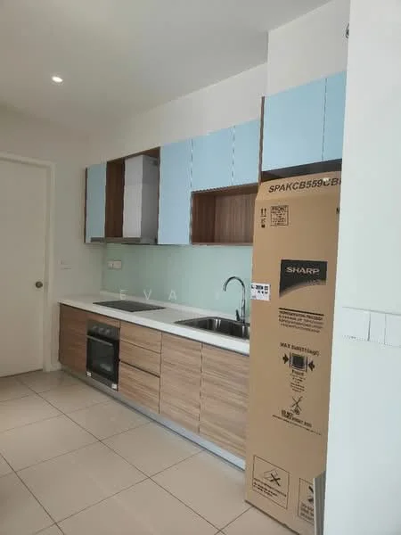 Kitchen features: light blue upper cabinets, brown lower cabinets, white countertop, stainless-steel sink, chrome pull-down faucet, built-in oven, ceramic tile flooring, recessed downlights, back-painted glass backsplash, appliance box, kitchen cabinetry with flat-panel design; style: modern.