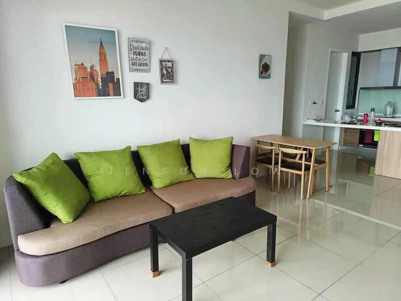 Living features: 3-seater fabric sofa in grey with green cushions, black coffee table, light-coloured dining table with chairs, glossy tiled flooring, wall-mounted artwork, large window with natural light, neutral painted walls, open layout to kitchen area; style: modern.