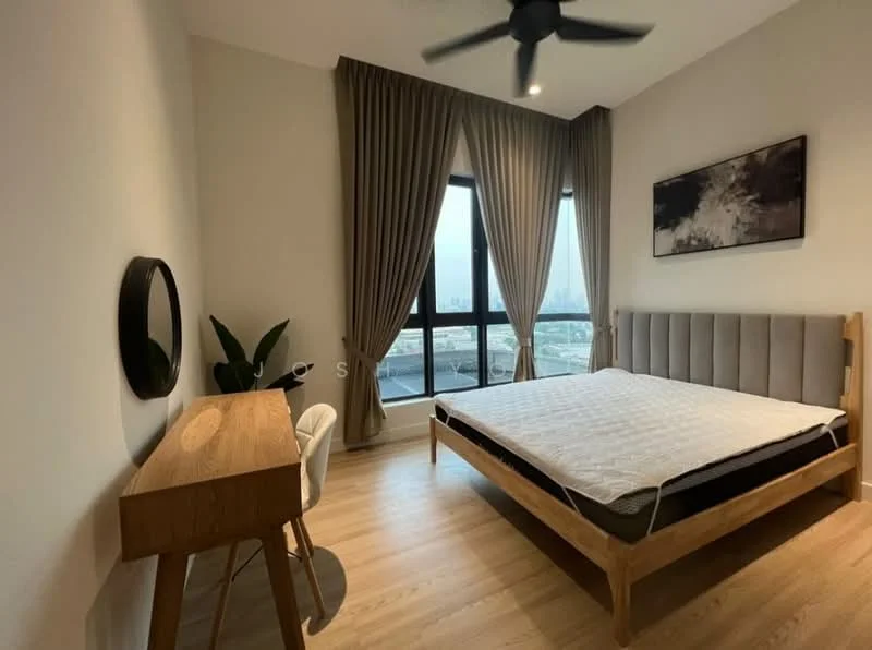 Bedroom features: king-size bed, upholstered headboard, wooden bed frame, floor-to-ceiling windows, curtains, wooden desk, white chair, decorative wall art, laminate flooring, ceiling fan; style: modern; view: city.