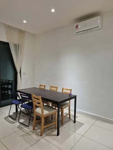 Dining features: rectangular dining table, 4 wooden dining chairs, 1 blue upholstered chair, white painted walls, tile flooring, wall-mounted split AC, recessed ceiling lights, sheer curtains; style: modern.