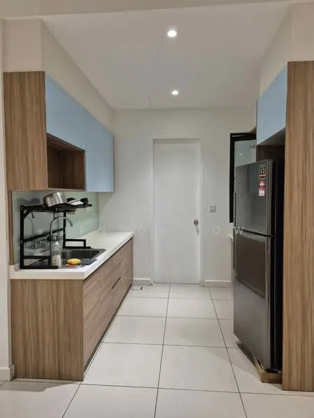 Kitchen features: light blue upper cabinets, wooden lower cabinets, white countertop, single-bowl stainless-steel sink, chrome pull-down faucet, built-in coffee machine, black refrigerator, white tiled flooring, recessed LED downlights, neutral painted walls, doorway leading to hallway; style: modern.