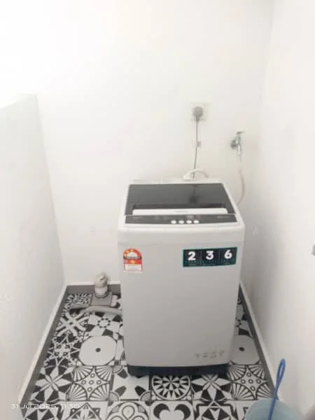 Laundry features: top-load washing machine, black and white patterned tile flooring, white painted walls, water supply connection, drainage outlet, cleaning supplies storage, light fixture.
