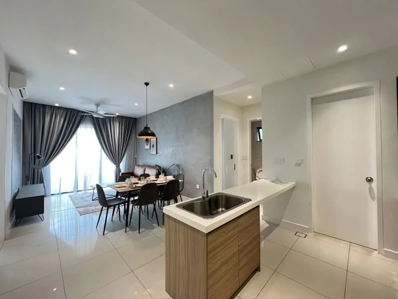 Living features: white painted walls, grey accent wall, marble tile flooring, 5-blade ceiling fan with light, dining table with 6 chairs, pendant lamp over dining area, floor-to-ceiling windows with sheer curtains, sofa, TV console, area rug, decorative wall art; style: modern. Kitchen features: kitchen island with sink, wood cabinetry, stainless-steel faucet, open shelving, built-in appliances, countertop space; style: modern.