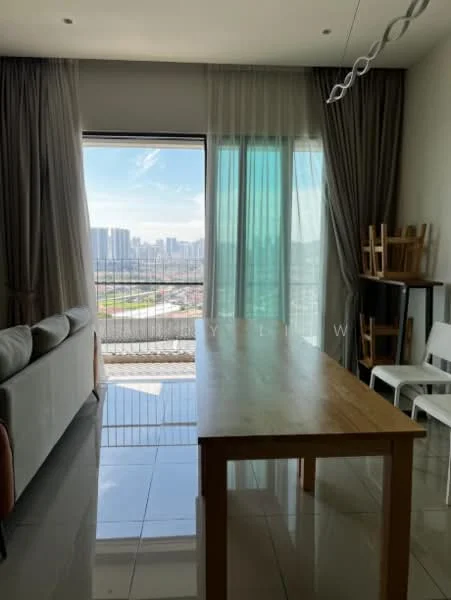 Dining features: dining table, white dining chairs, grey fabric sofa, floor-to-ceiling windows, sheer curtains, curtains in grey, glossy tile flooring, city view; style: modern; view: city.