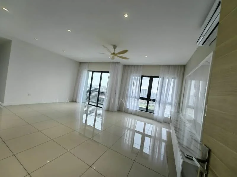 Living features: white painted walls, glossy ceramic tile flooring, 5-blade ceiling fan, floor-to-ceiling windows, sheer curtains, sliding glass door, recessed downlights, neutral color scheme, open layout, view of city skyline; style: modern; view: city.