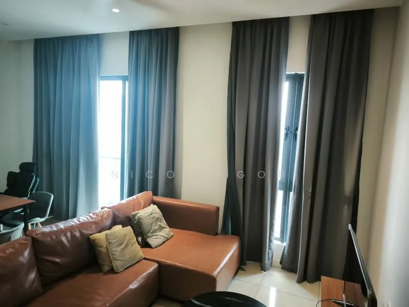 Living features: brown leather sectional sofa, decorative cushions, black coffee table, floor-to-ceiling windows, grey curtains, white painted walls, tile flooring, wall-mounted TV, office chair, dining table with chairs; style: modern.