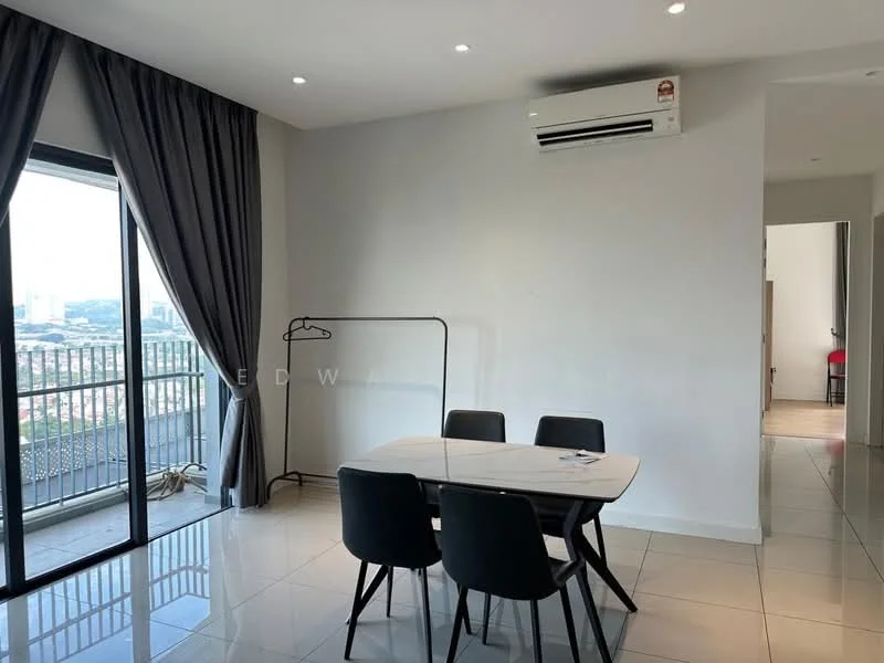 Dining features: 4-seater dining table, black dining chairs, floor-to-ceiling windows, grey curtains, white painted walls, recessed downlights, air conditioning unit, glossy tile flooring; style: modern; view: city.