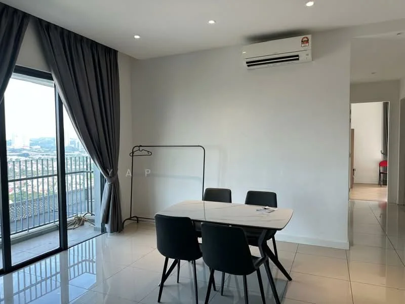 Dining features: 4-seater dining table, black dining chairs, floor-to-ceiling windows, grey curtains, white painted walls, recessed downlights, air conditioning unit, glossy tile flooring; style: modern; view: city.