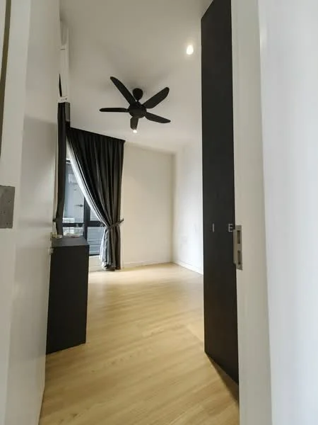 Room features: light wood flooring, white painted walls, 5-blade ceiling fan with light, floor-to-ceiling window, black curtains, built-in wardrobe, recessed lighting; style: modern; view: city.