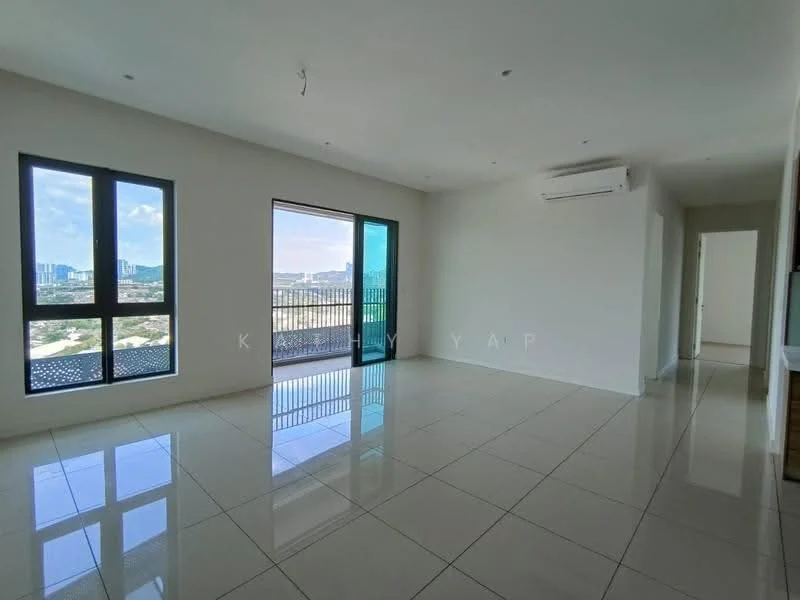 Living features: large floor-to-ceiling windows, sliding glass door, white painted walls, glossy ceramic tile flooring, recessed downlights, wall-mounted split AC, balcony access, city view, neutral color palette, open layout; style: modern; view: city.
