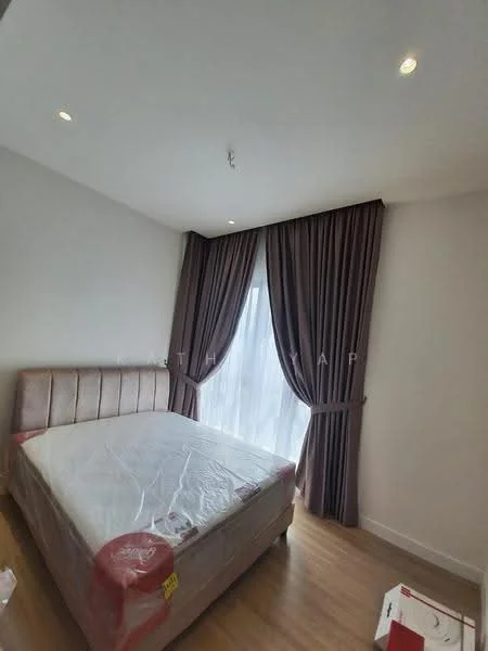 Bedroom features: queen-size bed, upholstered headboard, floor-to-ceiling window, sheer curtains, dark brown curtains, wooden flooring, recessed downlights, decorative ceiling, wall with light color paint; style: modern.