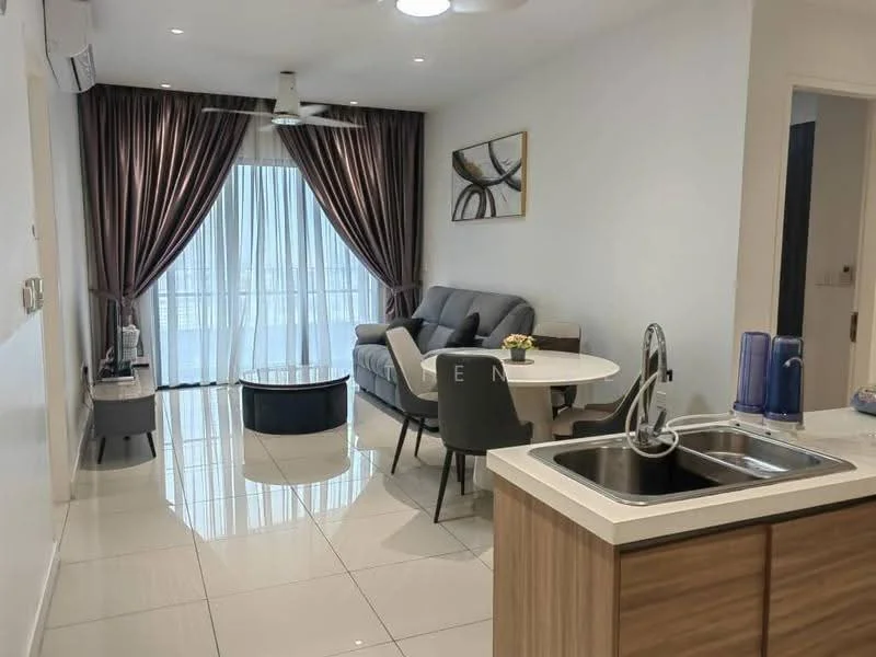 Living features: grey fabric sofa, round coffee table, dining table for four, upholstered dining chairs, floor-to-ceiling windows, sheer curtains, recessed downlights, ceiling fan, white painted walls, glossy tile flooring, decorative wall art; style: modern; view: city.