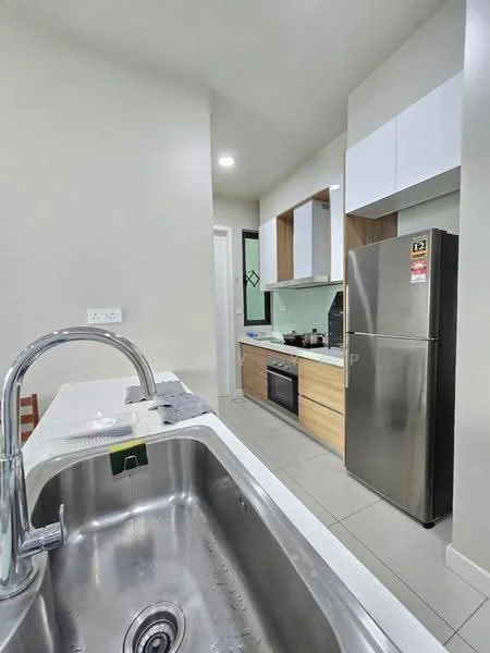 Kitchen features: single-bowl stainless-steel sink, chrome pull-down faucet, white cabinetry, wooden lower cabinets, built-in oven, stainless-steel fridge, ceramic tile flooring, light grey walls, recessed downlights, countertop with overhang, kitchen island, open shelving, backsplash with light color, microwave, kettle; style: modern.