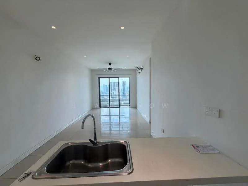 Kitchen features: single-bowl stainless-steel sink, chrome pull-down faucet, white countertop, recessed downlights, wall-mounted ceiling fan, open layout, tile flooring, white painted walls; style: modern; view: city. Living features: floor-to-ceiling windows, sliding glass door, white painted walls, tile flooring, recessed downlights, open layout; style: modern; view: city.