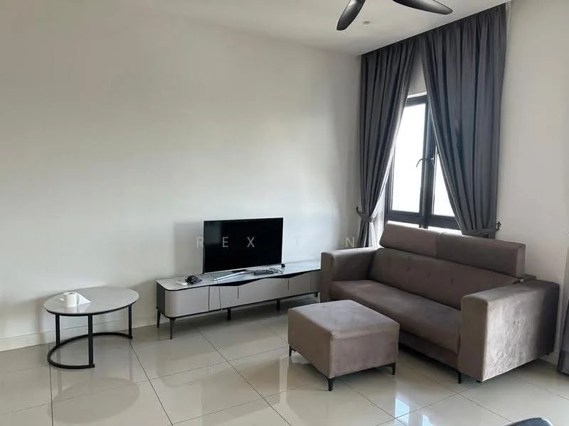 Living features: 3-seater fabric sofa in grey, ottoman in grey, coffee table with round top, TV console with storage, wall-mounted TV, floor-to-ceiling window, grey curtains, polished tile flooring, ceiling fan with light; style: modern.